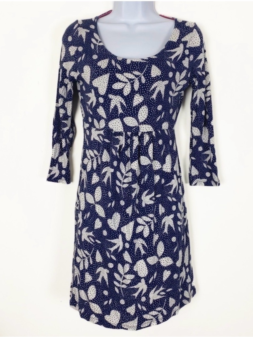 BODEN J0044 Navy Tunic Dress Polka Dot Bird Print  Leaf Size 6R Casual Spring